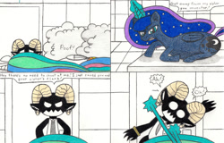 Size: 1024x656 | Tagged: safe, artist:eternaljonathan, imported from derpibooru, princess celestia, princess luna, oc, oc:nemo, comic:a new twist, blast, chubby, comic, fat, guardian, poof, royal sisters, traditional art