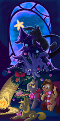 Size: 1280x2560 | Tagged: safe, artist:extract-of, imported from derpibooru, oc, oc only, earth pony, pegasus, pony, unicorn, chocolate, clothes, cookie, fireplace, food, hearth's warming eve, hot chocolate, scarf, tree, window