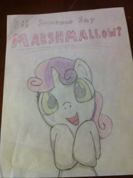 Size: 1936x2592 | Tagged: safe, artist:dash62g, imported from derpibooru, sweetie belle, cute, diasweetes, female, food, marshmallow, open mouth, solo, sweetie belle is a marshmallow too, traditional art