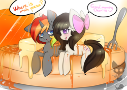 Size: 1024x724 | Tagged: dead source, safe, artist:teranen, imported from derpibooru, oc, oc only, oc:aggie, oc:krylone, butter, colored pupils, food, fork, juice, kryggie, orange juice, ponies in food, rainbow hair, syrup, waffle