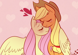 Size: 756x538 | Tagged: safe, artist:waackery, imported from derpibooru, applejack, fluttershy, appleshy, eyes closed, female, heart, hug, lesbian, neck nuzzle, nuzzling, shipping, winghug