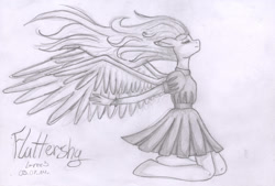 Size: 2412x1632 | Tagged: safe, artist:gree3, imported from derpibooru, fluttershy, anthro, unguligrade anthro, clothes, dress, female, monochrome, solo, traditional art, windswept mane