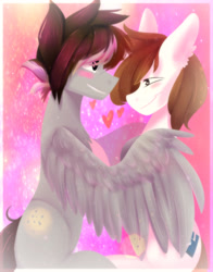 Size: 1500x1910 | Tagged: dead source, safe, artist:gnidagovnida, imported from derpibooru, oc, oc only, pegasus, pony, female, heart, hug, male, straight, wing hands, winghug