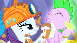 Size: 1499x839 | Tagged: safe, imported from derpibooru, screencap, rarity, spike, gauntlet of fire, chin scratch, dirt, dirty, discovery family logo, glow, glowing, helmet, mining helmet