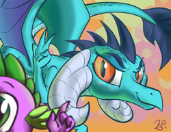 Size: 1500x1159 | Tagged: safe, artist:flavinbagel, imported from derpibooru, princess ember, spike, dragon, gauntlet of fire, looking at you, peace sign, slit eyes, slit pupils