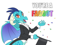 Size: 1090x820 | Tagged: safe, artist:carnifex, imported from derpibooru, princess ember, dragon, gauntlet of fire, ember's hat trick, faggot, female, hat, image macro, magician, meme, op is a faggot, solo, top hat, ur a faget, vulgar