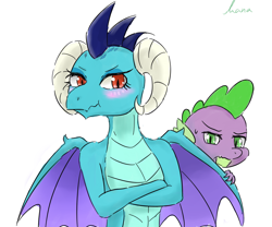 Size: 1200x1000 | Tagged: safe, artist:kanaowo, imported from derpibooru, princess ember, spike, dragon, gauntlet of fire, emberspike, female, male, my little sister can't be this cute, scrunchy face, shipping, straight, tsundember, tsundere