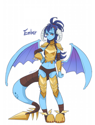 Size: 1040x1373 | Tagged: safe, artist:buryooooo, imported from derpibooru, princess ember, dragon, human, gauntlet of fire, armor, belly button, dragon armor, female, humanized, looking at you, simple background, solo, spread wings, tail, tailed humanization, unconvincing armor, white background, winged humanization