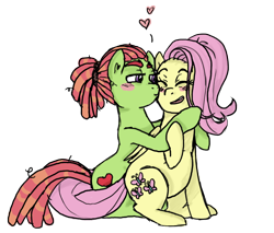 Size: 900x768 | Tagged: safe, artist:hoshikokin, imported from derpibooru, fluttershy, tree hugger, alternate hairstyle, blushing, cute, eyes closed, female, flutterhugger, heart, hug, implied magical lesbian spawn, kissing, lesbian, pregnant, shipping