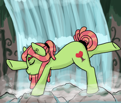 Size: 900x768 | Tagged: safe, artist:hoshikokin, imported from derpibooru, tree hugger, earth pony, pony, alternate hairstyle, eyes closed, female, mare, nature, pose, raised hoof, rock, solo, stretching, water, waterfall, yoga