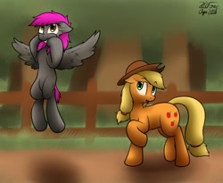 Size: 1280x1052 | Tagged: safe, artist:the-furry-railfan, imported from derpibooru, applejack, oc, oc:crash dive, earth pony, pegasus, pony, cowboy hat, fangasm, fangirl, fangirling, fence, flying, grin, hat, outdoors, smiling, squee, starry eyes, stetson, sweet apple acres, wingding eyes