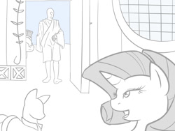 Size: 800x600 | Tagged: safe, artist:vulapa, imported from derpibooru, rarity, oc, oc:anon, human, pony, carousel boutique, clothes, cyoa, cyoa:life in ponyville, grayscale, guard, monochrome, story included, toga