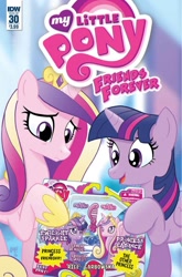 Size: 932x1414 | Tagged: safe, artist:tonyfleecs, idw, imported from derpibooru, princess cadance, twilight sparkle, alicorn, pony, friends forever, spoiler:comic, spoiler:comicff30, best pony, brushable, comic, cover, disappointed, disapproval, duo, female, hoof hold, kung fu grip, mare, meta, sad, sisters-in-law, smiling, toy, twilight sparkle (alicorn)