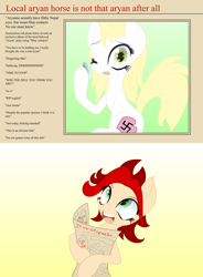 Size: 4412x6000 | Tagged: dead source, safe, artist:an-m, imported from derpibooru, oc, oc only, oc:aryanne, oc:red pone (8chan), earth pony, pony, /pone/, 8chan, absurd resolution, april fools joke, aryan pony, contact lens, female, heart, nazi, newspaper, pony oc, prank, swastika