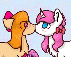 Size: 750x600 | Tagged: safe, artist:sweesear, imported from derpibooru, oc, oc only, oc:sweesery, earth pony, pony, unicorn, bow, clothes, female, hair bow, kissing, lesbian, pixel art, socks