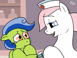 Size: 1600x1200 | Tagged: safe, artist:pony quarantine, imported from derpibooru, nurse redheart, oc, crying, duo, foal, injection, looking at each other, open mouth, scared, teary eyes, trypanophobia, vaccination