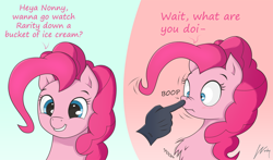 Size: 1280x751 | Tagged: safe, artist:wonkysole, imported from derpibooru, pinkie pie, oc, oc:anon, earth pony, human, pony, 2016, blushing, boop, bust, chest fluff, cute, dialogue, diapinkes, disembodied hand, hand, offscreen character, old art, onomatopoeia, poof, portrait