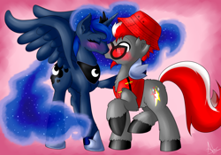 Size: 1024x716 | Tagged: safe, artist:manga51, imported from derpibooru, princess luna, oc, oc:hyper active, blushing, canon x oc, clothes, couple, cute, female, fluffy, hat, hoof hold, kissing, lunabetes, male, shipping, signature, simple background, straight, sunglasses, surprise kiss, torn ear, wide eyes