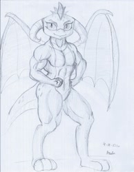 Size: 1600x2063 | Tagged: safe, artist:pandatarius, imported from derpibooru, princess ember, dragon, gauntlet of fire, belly button, female, monochrome, muscles, princess embroids, sketch, solo