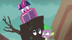 Size: 1920x1080 | Tagged: safe, imported from derpibooru, screencap, rarity, spike, twilight sparkle, alicorn, pony, gauntlet of fire, book, disguise, female, levitation, magic, mare, notebook, telekinesis, tree costume, twilight sparkle (alicorn)