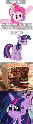 Size: 608x2239 | Tagged: safe, artist:applegeek83, imported from derpibooru, pinkie pie, twilight sparkle, alicorn, pony, book, cake, crying, food, meme, tears of joy, that pony sure does love books, twilight sparkle (alicorn), unamused