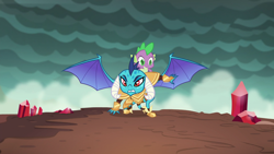 Size: 1920x1080 | Tagged: safe, imported from derpibooru, screencap, princess ember, spike, dragon, gauntlet of fire, armor, crystal, dragon armor, dragoness, dragons riding dragons, duo, female, male, riding, spike riding ember, spread wings, superhero landing, wings