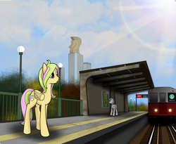 Size: 2400x1966 | Tagged: safe, artist:subway777, imported from derpibooru, oc, oc only, oc:mollydv, unnamed oc, earth pony, pegasus, pony, city, cityscape, crystaller building, female, lens flare, manehattan, mare, metro, subway, train