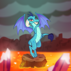 Size: 4000x4000 | Tagged: safe, alternate version, artist:darthlena, imported from derpibooru, princess ember, dragon, gauntlet of fire, crystal, female, lava, pose, smiling, solo, tail, tail pull, volcano