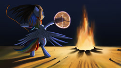 Size: 2870x1614 | Tagged: safe, artist:aaronmk, imported from derpibooru, rainbow dash, drums, female, fire, hat, musical instrument, night, religion, shaman, solo, tengriism