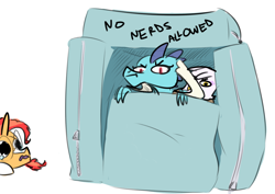 Size: 1200x848 | Tagged: safe, artist:nobody, imported from derpibooru, gilda, princess ember, sunburst, dragon, griffon, pony, unicorn, gauntlet of fire, :t, crying, female, fort, frown, glare, glasses, male, nerd, open mouth, pillow fort, prone, sadburst, stallion, wavy mouth