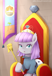 Size: 1227x1800 | Tagged: safe, artist:pika-chany, imported from derpibooru, boulder (pet), maud pie, boulder (g4), female, princess, scepter, solo, throne, twilight scepter