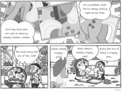 Size: 800x600 | Tagged: safe, imported from derpibooru, applejack, earth pony, human, pony, bandage, butt, comic, doraemon, female, male, mare, monochrome, plot, translation