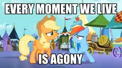 Size: 748x420 | Tagged: safe, edit, edited screencap, imported from derpibooru, screencap, applejack, rainbow dash, earth pony, pegasus, pony, the crystal empire, agony, caption, female, image macro, mare, meme, text