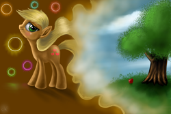 Size: 3000x2000 | Tagged: safe, artist:vanezaescobedo, imported from derpibooru, applejack, earth pony, pony, apple, female, food, solo, tree