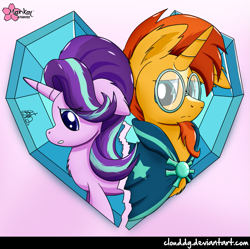 Size: 833x830 | Tagged: safe, artist:clouddg, imported from derpibooru, starlight glimmer, sunburst, pony, unicorn, the crystalling, cape, cloak, clothes, crystal heart, duo, female, g4, glasses, goatee, male, mare, shipping, signature, stallion, starburst, straight, sunburst's cloak, sunburst's glasses