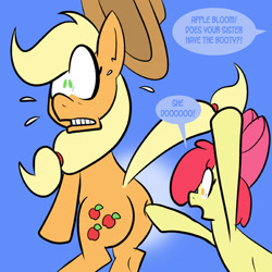 Size: 576x576 | Tagged: safe, artist:pembroke, imported from derpibooru, apple bloom, applejack, earth pony, pony, butt, butt touch, dialogue, do she got a booty, female, filly, foal, hoof on butt, mare, plot, simple background