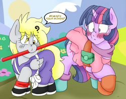 Size: 1981x1565 | Tagged: safe, artist:blackbewhite2k7, imported from derpibooru, derpy hooves, twilight sparkle, anime, bulma, confused, crossover, dragon ball, goku, nyoi-bo, parody, power pole, son goku, younger