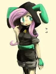 Size: 1024x1365 | Tagged: dead source, safe, artist:niwano_kei, imported from derpibooru, fluttershy, anthro, equestria girls, blushing, bunny ears, clothes, costume, dangerous mission outfit, female, fingerless gloves, gloves, goggles, hoodie, solo