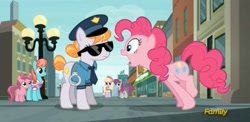 Size: 1573x765 | Tagged: safe, imported from derpibooru, screencap, copper top, luckette, pinkie pie, pinot noir, ruby pinch, shiraz, silver berry, strawberry ice, earth pony, pony, season 6, the gift of the maud pie, background pony, discovery family logo, police, police pony, sunglasses