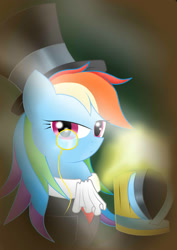 Size: 1412x2000 | Tagged: safe, artist:pikashoe90, imported from derpibooru, rainbow dash, pegasus, pony, apple cider, cider dash, clothes, female, gentleman, hat, like a sir, mare, monocle, monocle and top hat, mug, solo, top hat, tuxedo
