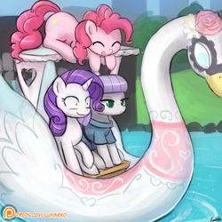 Size: 750x750 | Tagged: safe, artist:lumineko, imported from derpibooru, maud pie, pinkie pie, rarity, earth pony, pony, unicorn, the gift of the maud pie, corral park, eyes closed, female, lake, manehattan, nervous, patreon, patreon logo, shipper on deck, smiling, swan boat, that was fast, water, wide eyes