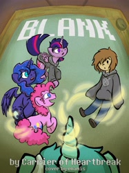 Size: 2751x3669 | Tagged: safe, artist:enamis, imported from derpibooru, lyra heartstrings, pinkie pie, princess luna, twilight sparkle, oc, oc:ryan burbank, alicorn, human, pony, blank, clothes, cover art, fanfic, fanfic art, fanfic cover, female, hoodie, magic, mare, operator symbol, twilight sparkle (alicorn)