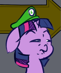 Size: 522x625 | Tagged: safe, artist:krucification, imported from derpibooru, twilight sparkle, pony, cap, confused, female, glare, hat, luigi, luigi's hat, solo, squint, super mario bros.