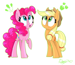 Size: 1405x1230 | Tagged: safe, artist:siggie740, imported from derpibooru, applejack, pinkie pie, confused, cutie mark, duo, looking up, simple background, standing, white background