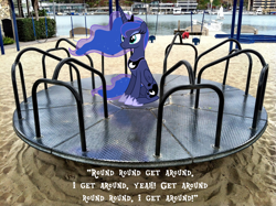 Size: 1600x1195 | Tagged: safe, imported from derpibooru, princess luna, beach, cute, i get around, irl, lyrics, marina, merry-go-round, photo, playground, ponies in real life, song reference, text, the beach boys, vector