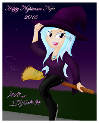 Size: 2855x3573 | Tagged: safe, artist:iflysna94, imported from derpibooru, trixie, human, broom, clothes, costume, female, flying, flying broomstick, halloween, humanized, nail polish, nightmare night, open mouth, sitting, smiling, solo, witch