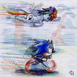 Size: 500x497 | Tagged: safe, artist:kyubi-the-fox, imported from derpibooru, rainbow dash, crossover, sonic the hedgehog, sonic the hedgehog (series), traditional art