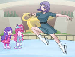 Size: 1280x969 | Tagged: safe, artist:jonfawkes, imported from derpibooru, maud pie, pinkie pie, rarity, human, the gift of the maud pie, clothes, dress, elf ears, female, humanized, ice rink, ice skates, ice skating, legs, maudjestic, open mouth, scene interpretation, schrödinger's pantsu, statue of prometheus, unicorns as elves