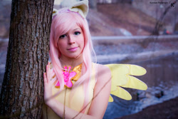 Size: 1024x683 | Tagged: safe, artist:tinemarieriis, imported from derpibooru, fluttershy, human, clothes, cosplay, costume, element of kindness, irl, irl human, photo, tree