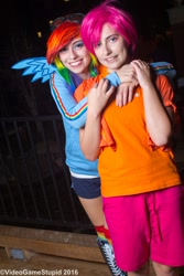 Size: 730x1095 | Tagged: safe, artist:cosplayhazard, artist:meotashie, artist:videogamestupid, imported from derpibooru, rainbow dash, scootaloo, human, clothes, cosplay, costume, duo, fake wings, female, irl, irl human, katsucon, katsucon 2016, photo, rainbow socks, socks, striped socks